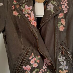 Montana West Brown Vegan Leather Jacket with Pink and Purple Floral Embroidery
